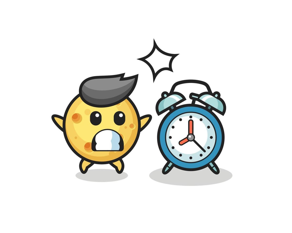 round cheese is surprised with a giant alarm clock vector