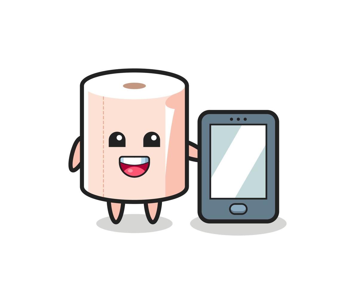 dibujos animados de ilustración de rollo de tejido sosteniendo un smartphone vector