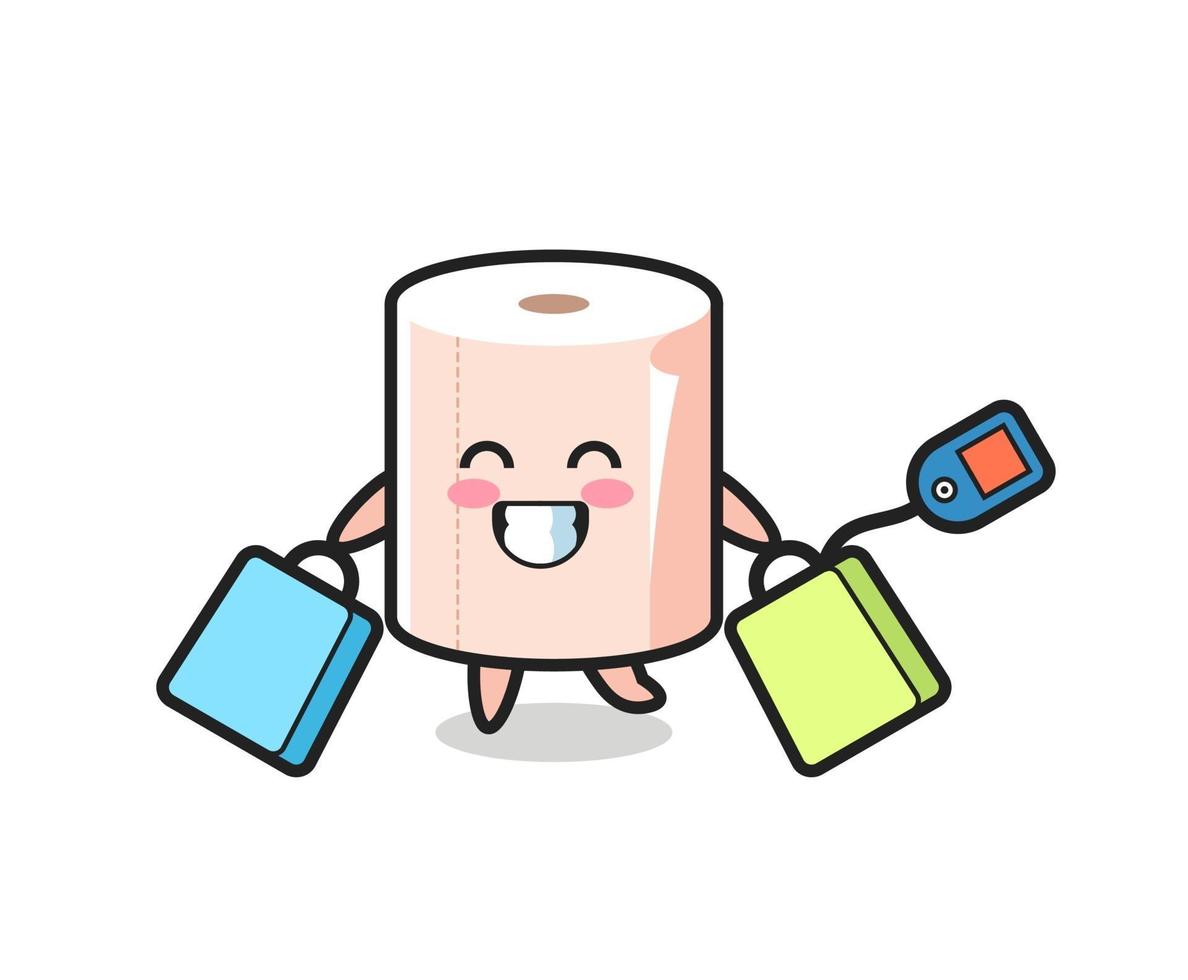 tissue roll mascot cartoon holding a shopping bag vector