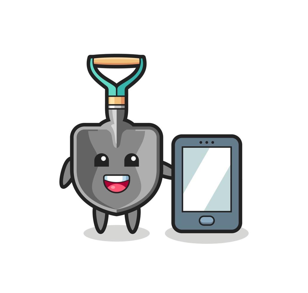 shovel illustration cartoon holding a smartphone vector