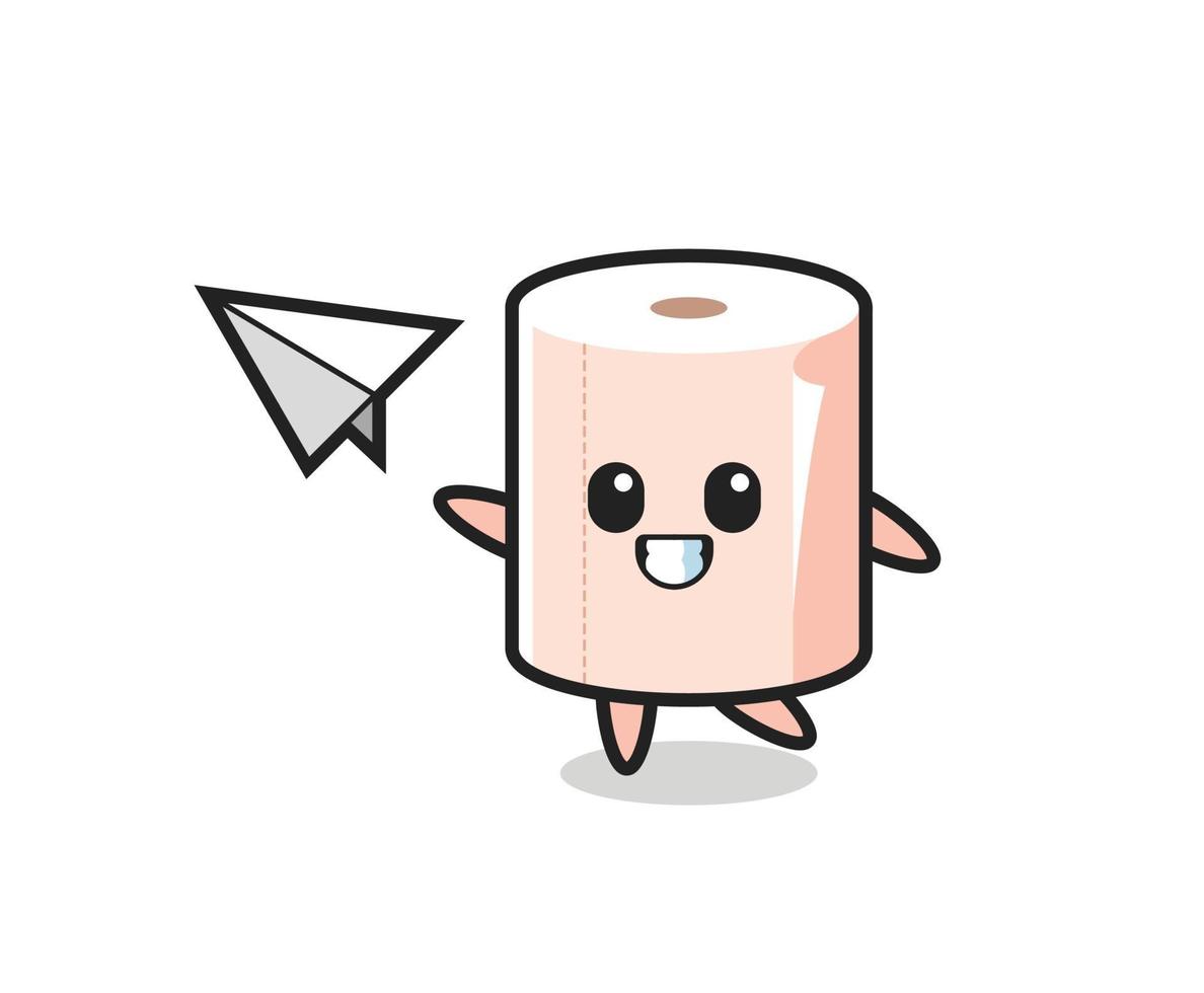 tissue roll cartoon character throwing paper airplane vector