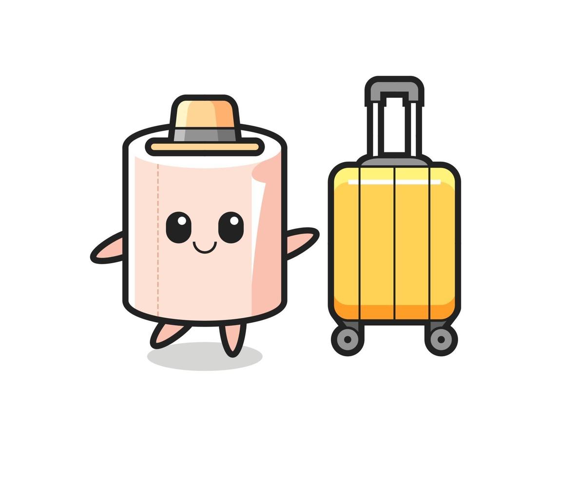 tissue roll cartoon illustration with luggage on vacation vector