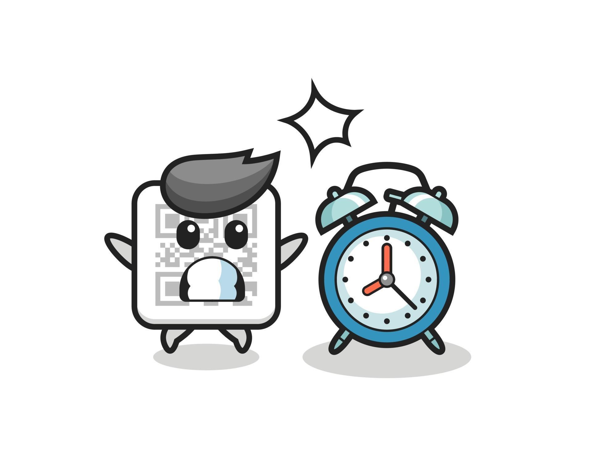 Cartoon Illustration of qr code is surprised with a giant alarm clock