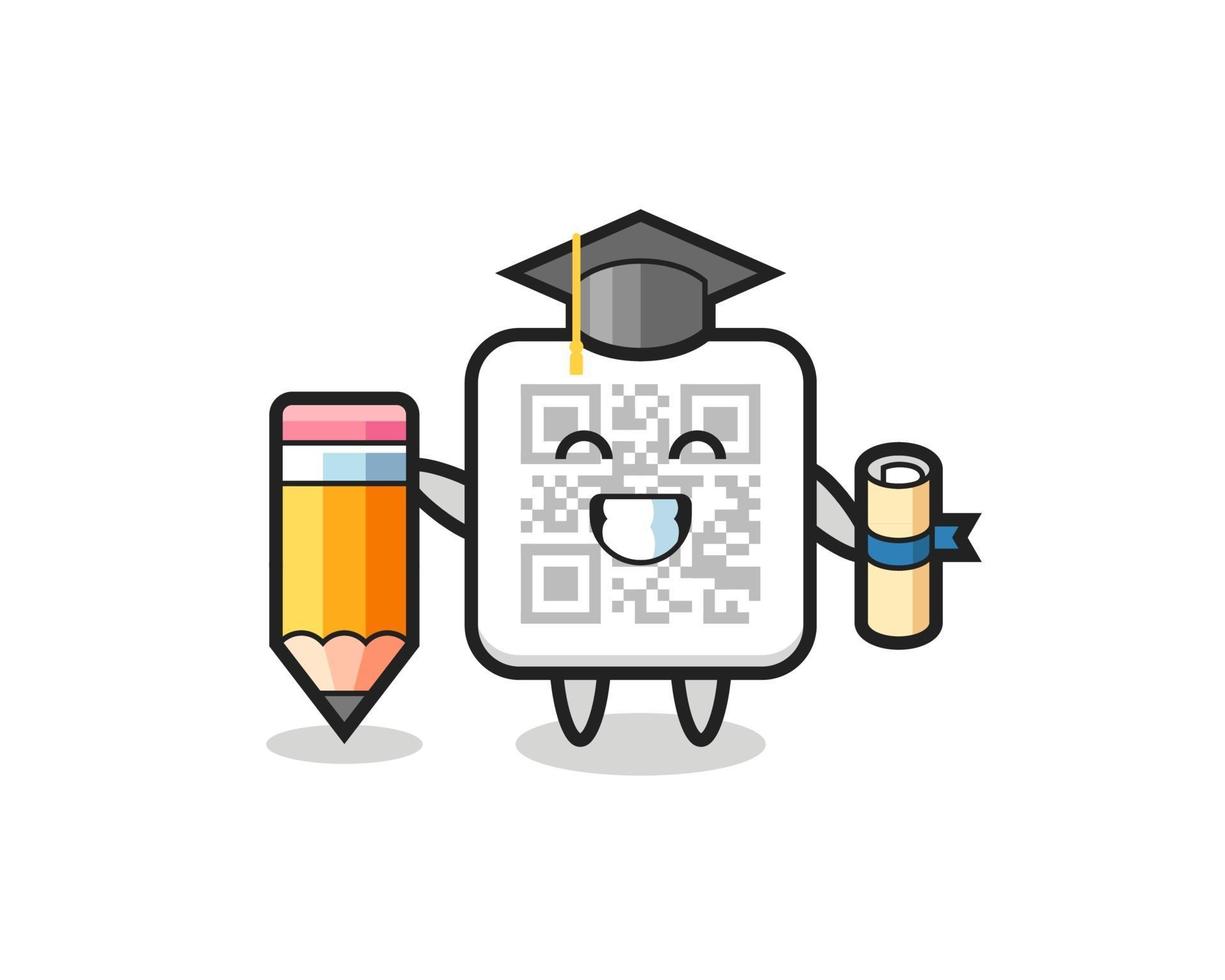 qr code illustration cartoon is graduation with a giant pencil vector