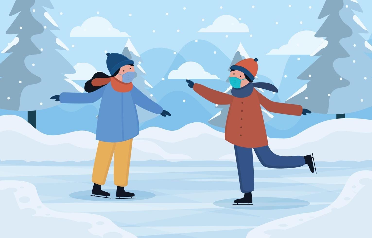 A Couple Play Ice Skating in the Winter vector