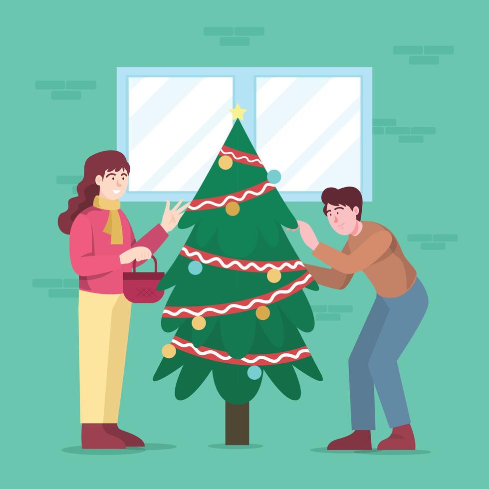 A Couple Decorating Christmas Tree vector