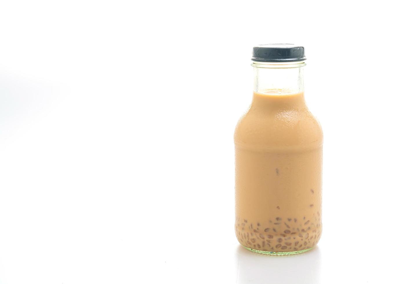 milk tea with pudding jelly in glass bottle photo