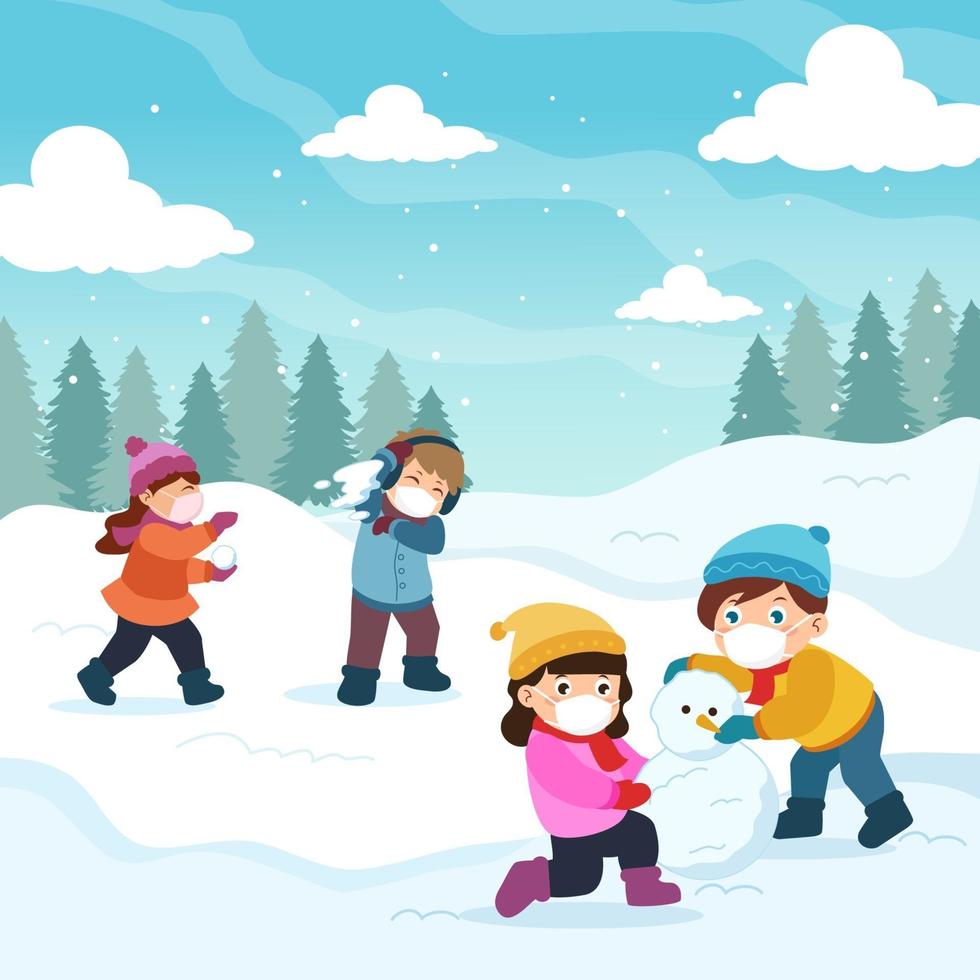 niños jugando nieve al aire libre vector