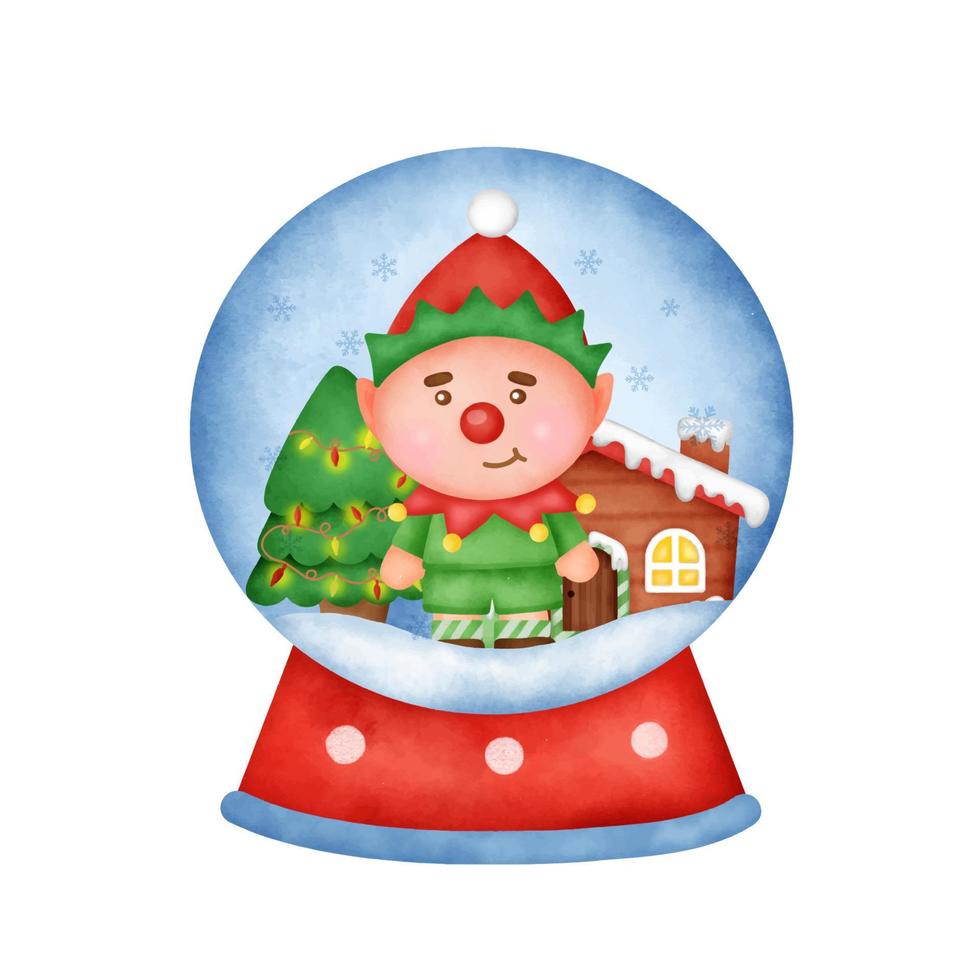 Watercolor christmas snowball globe with a cute elf. vector