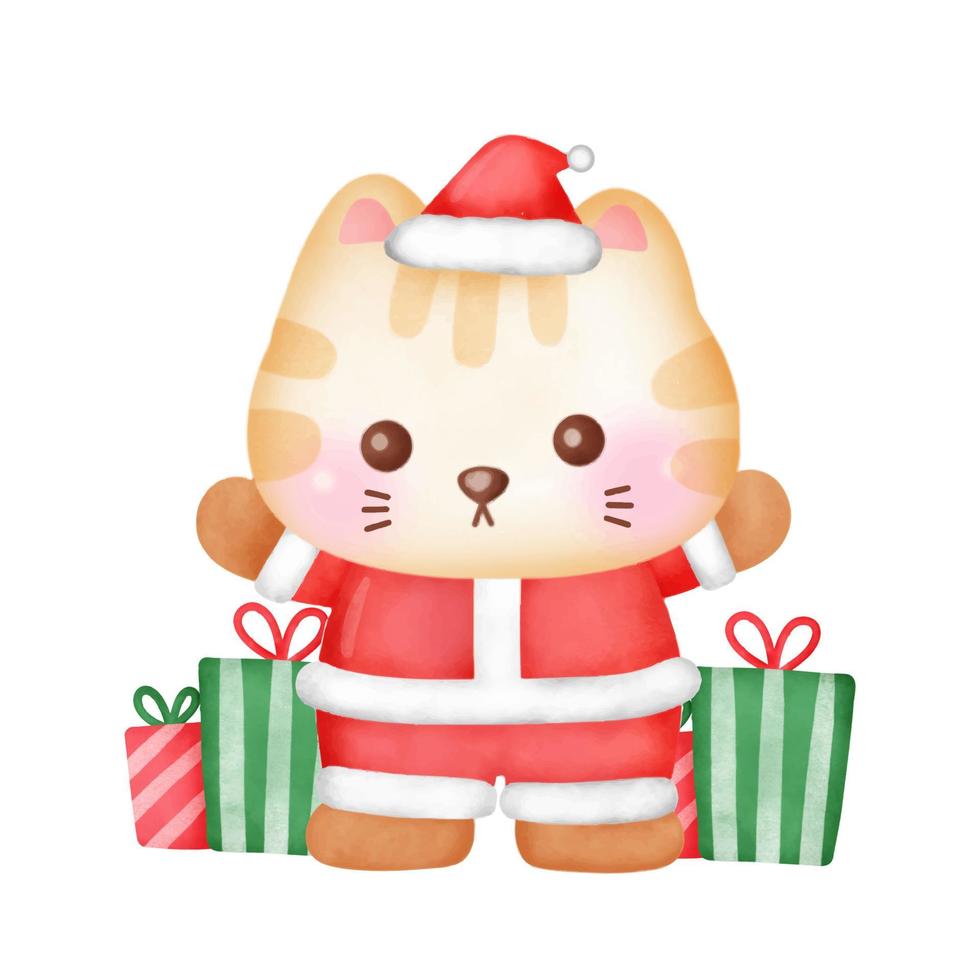 tarjeta de felicitación navideña con lindo gato en estilo acuarela. vector