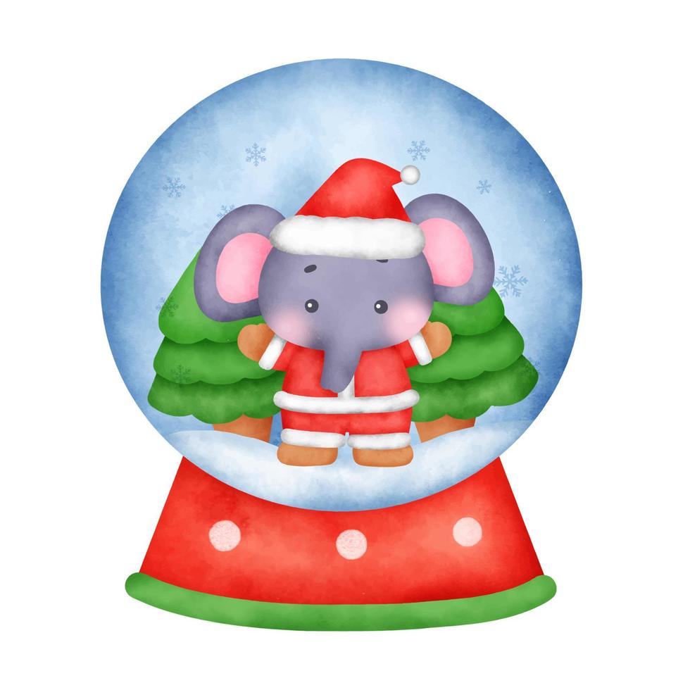 Watercolor christmas snowball globe with a elephant. vector