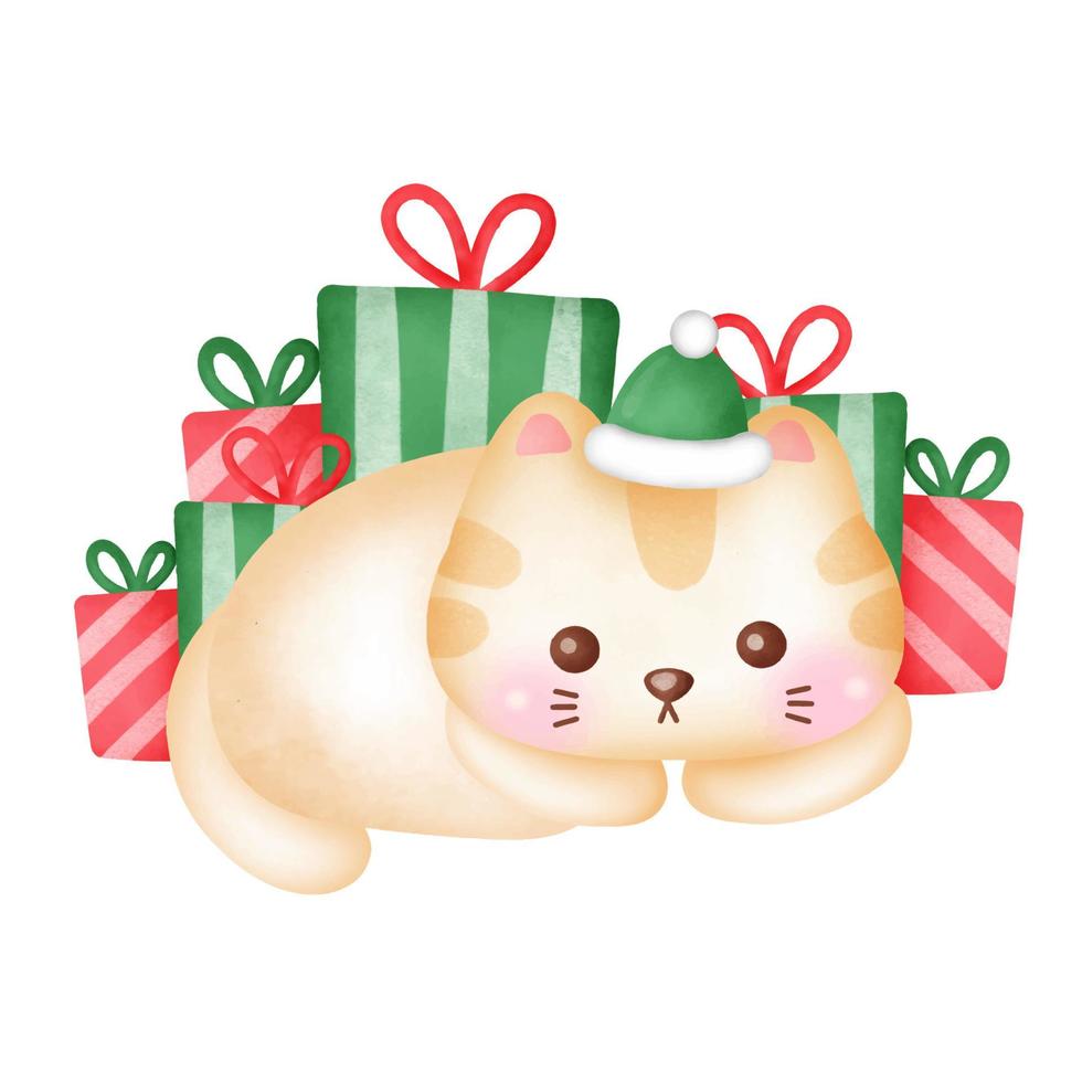 tarjeta de felicitación navideña con lindo gato y cajas de regalo en estilo acuarela. vector