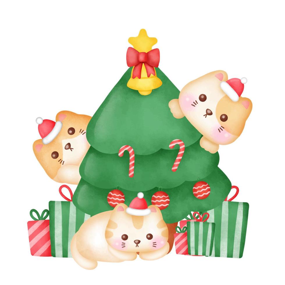 tarjeta de felicitación de Navidad con lindos gatos y árbol de Navidad en estilo acuarela. vector