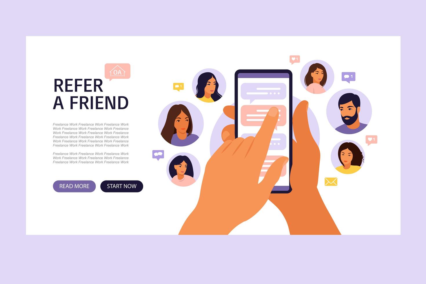 Refer a friend concept with cartoon hands holding a phone. vector