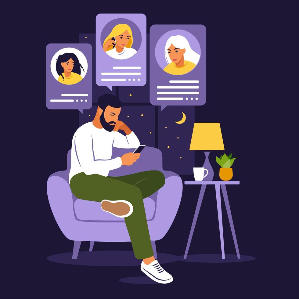 Man sitting with phone. Dating app, application or chat concept. vector