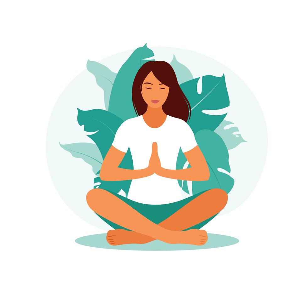 mujer meditando en la naturaleza. concepto de meditación, relajación, recreación. vector