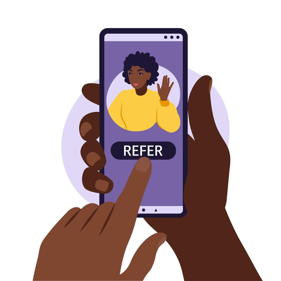 Hands holding smartphone with a african woman social media profile. vector