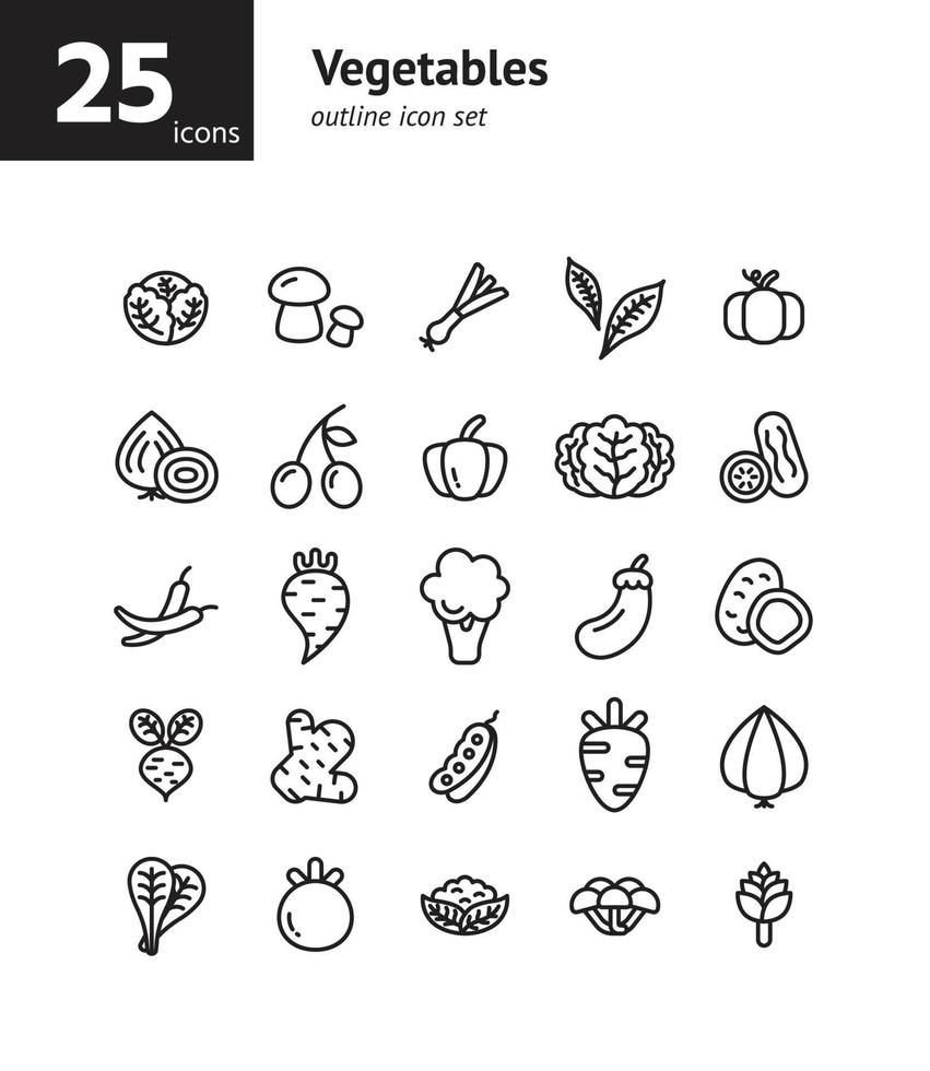 conjunto de iconos de contorno de verduras. vector