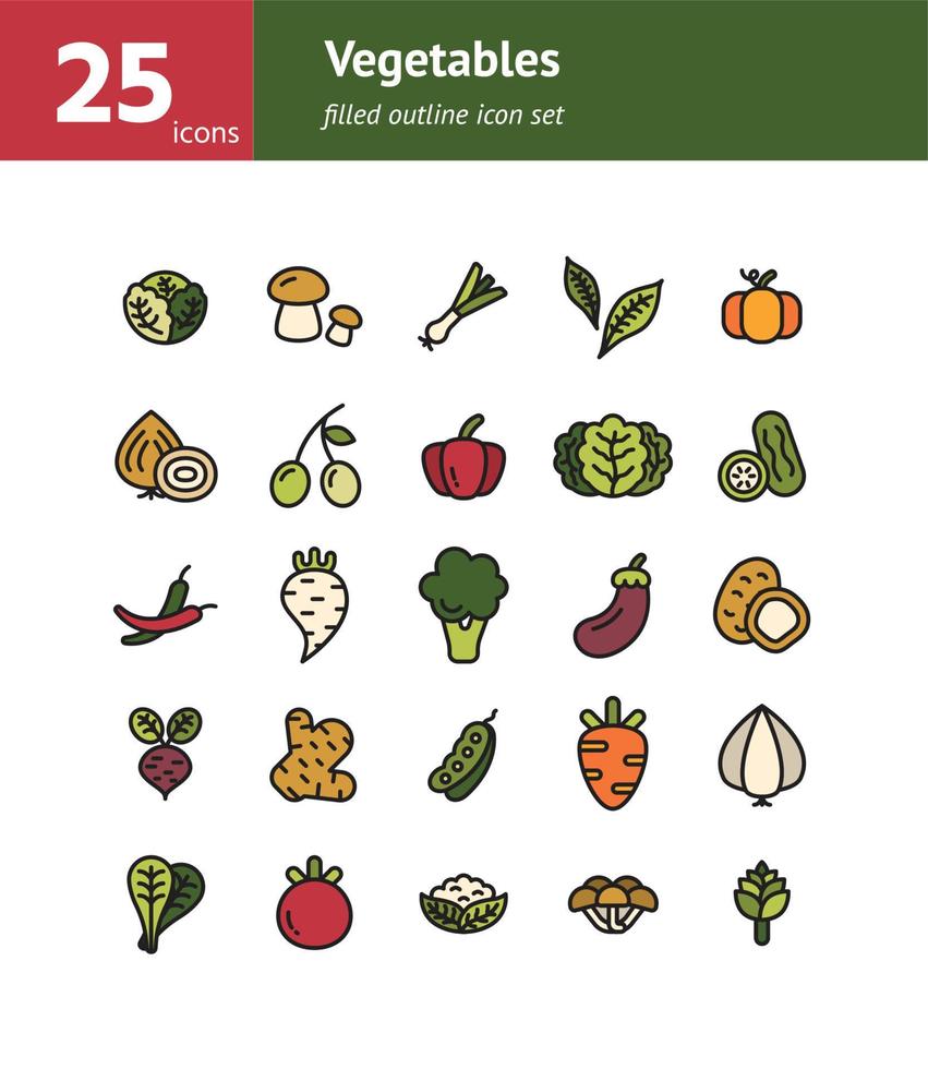 conjunto de iconos de contorno lleno de verduras. vector