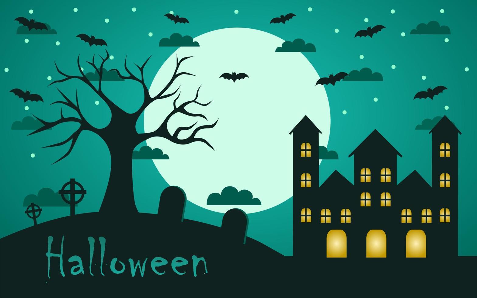 Halloween day greeting background with clouds, moon, trees and castle. vector