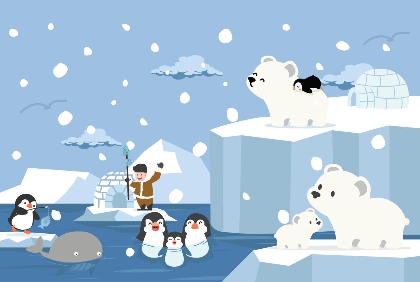 pingüino con oso polar polo norte fondo ártico vector