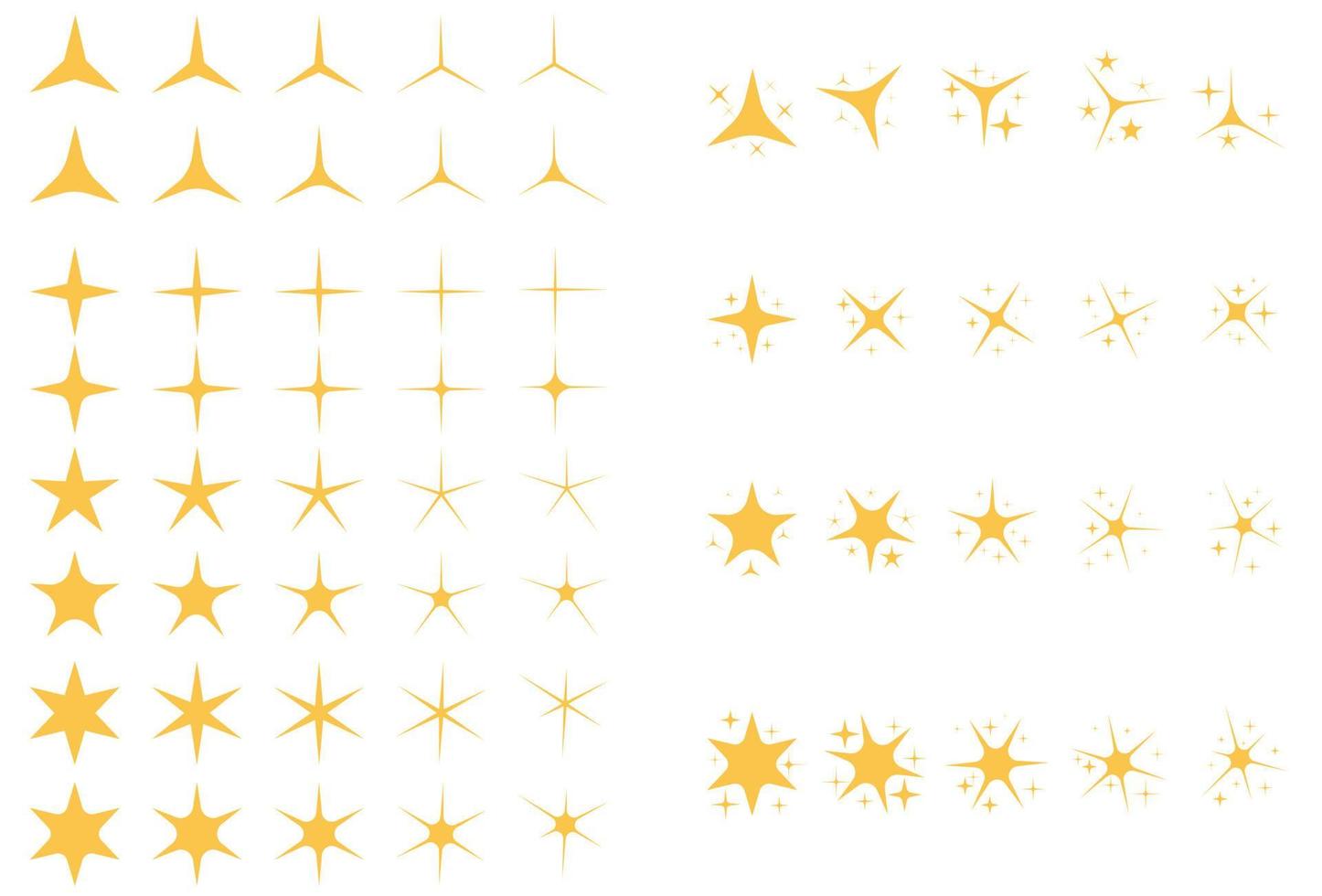 Símbolos de destellos amarillos, dorados, naranjas. vector de estrellas.