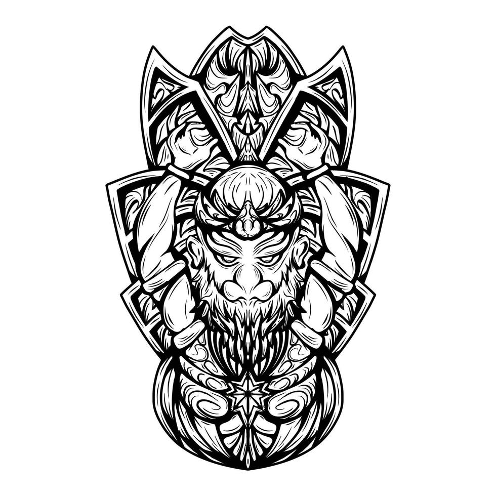 Black And White Artwork Illustration Of Gatot Kaca With Engraving Vector