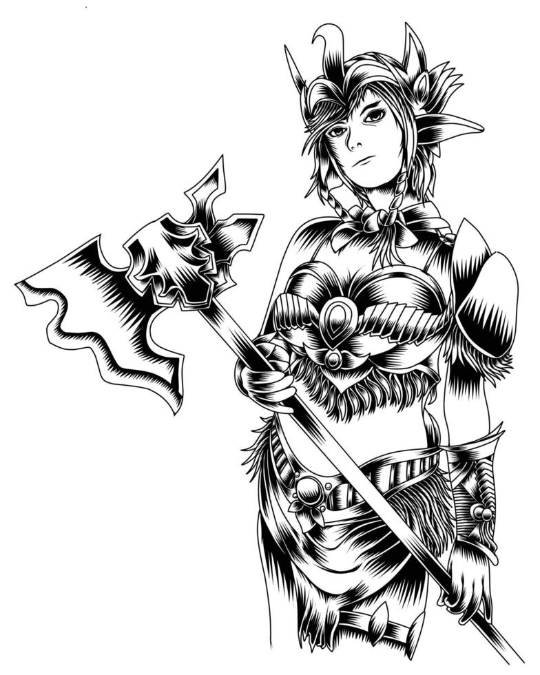 Black And White Artwork Illustration Of Woman With The Terrible Ax Vector.eps vector