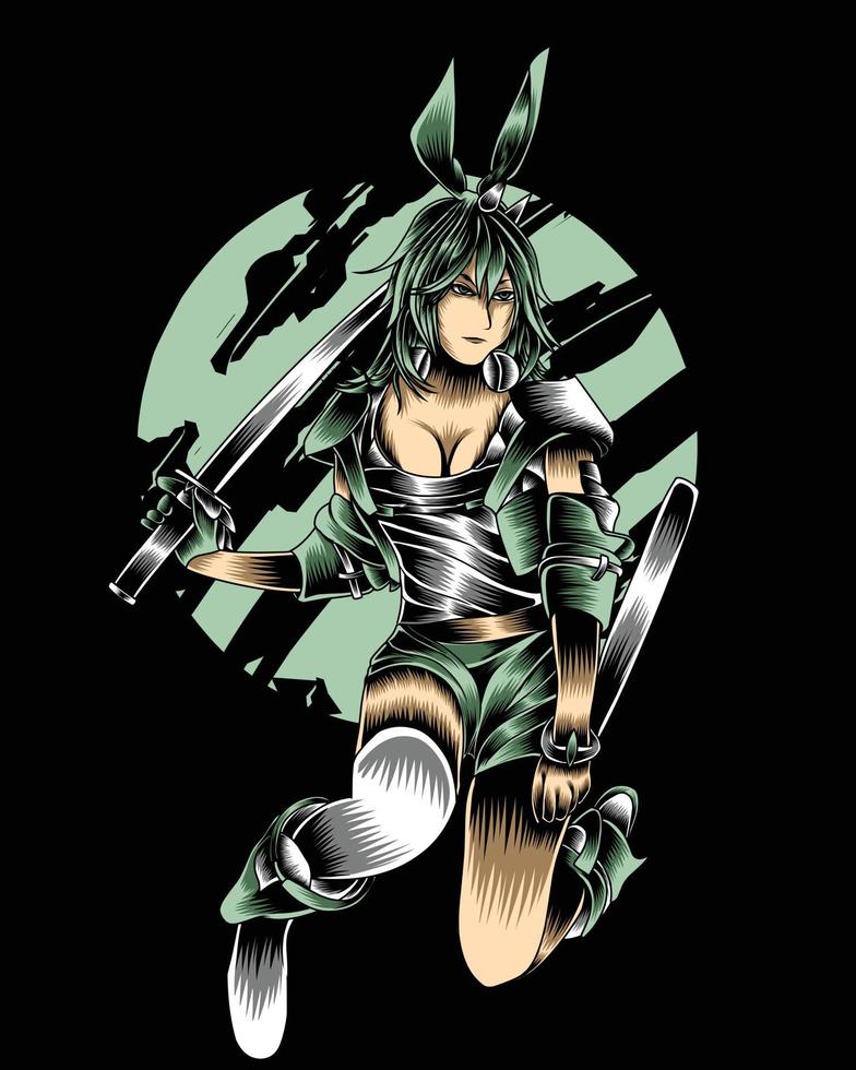 Artwork Illustration Of Green Bunny Girl In Action With Sword Vector