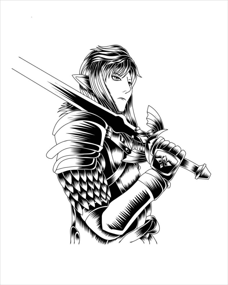 Ilustración de arte poderoso caballero con espada dorada vector silueta en blanco y negro