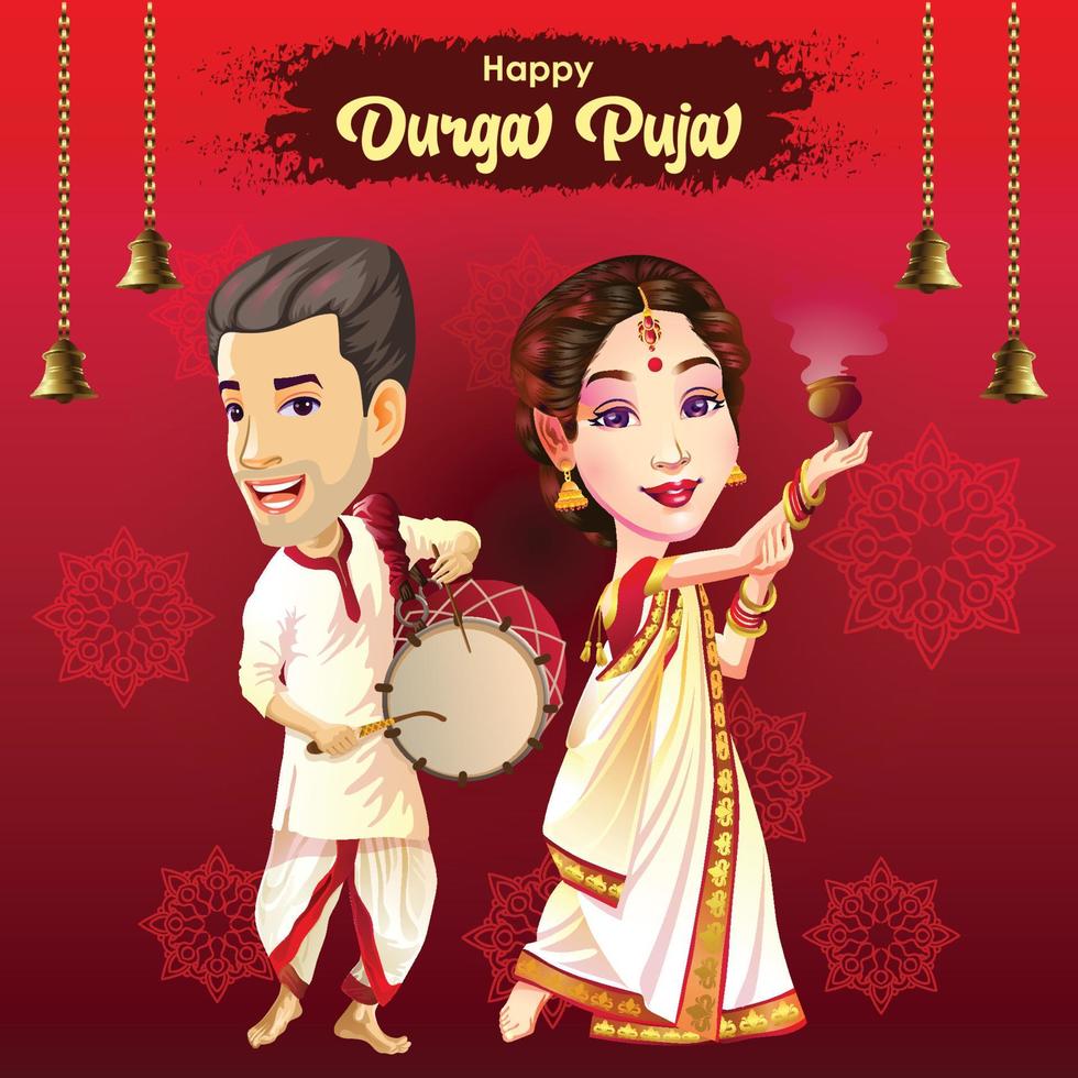 tarjeta de felicitación del festival de durga puja navratri con bailarina y baterista vector