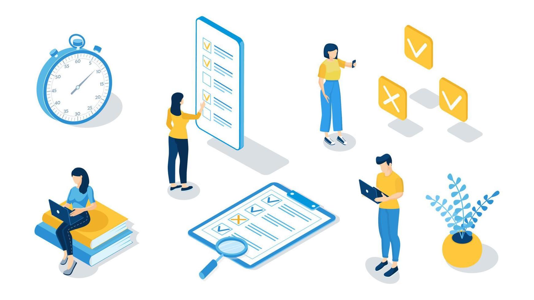 Concept of online exam, online testing. Isometric vector illustration.