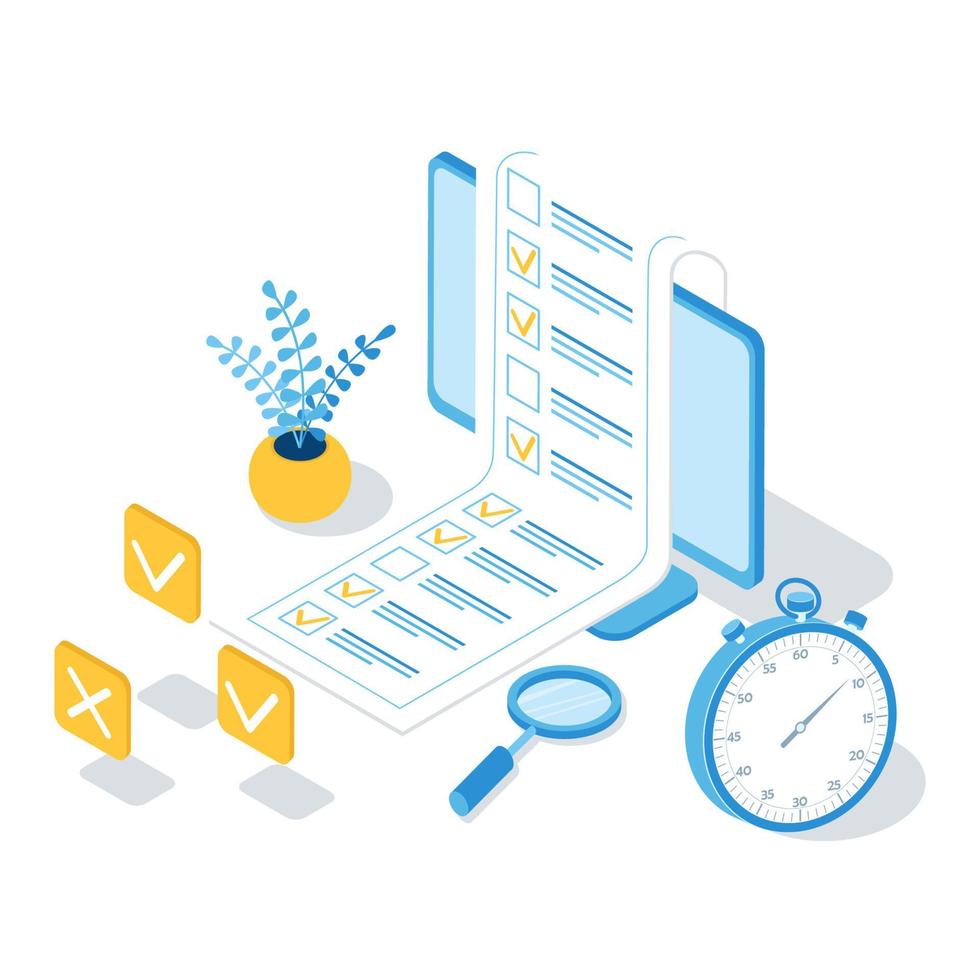 Concept of online exam, online testing. Isometric vector illustration.