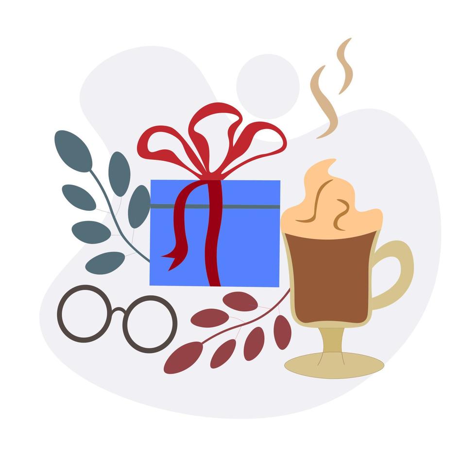 set of cute little from gift box with red bow, cup of latte coffee vector