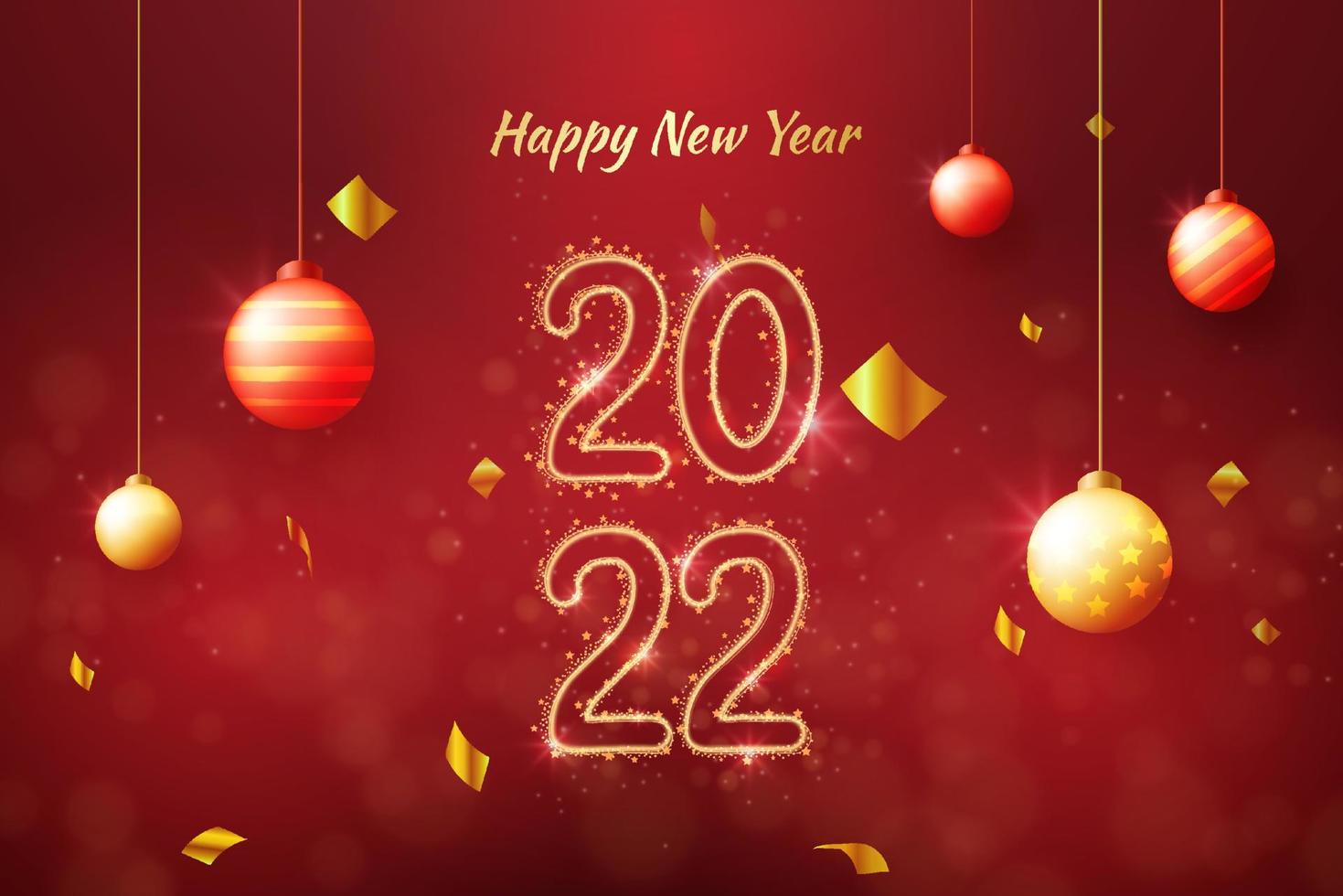 Feliz año nuevo 2022 celebración fondo rojo con confeti de luces vector
