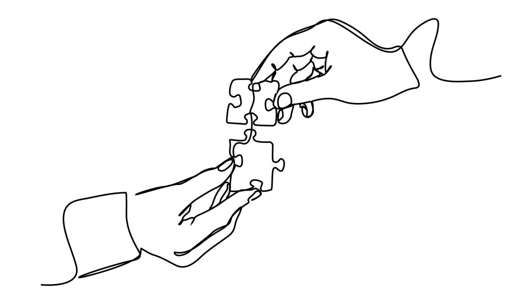 continuous line drawing of hands solving jigsaw puzzle vector