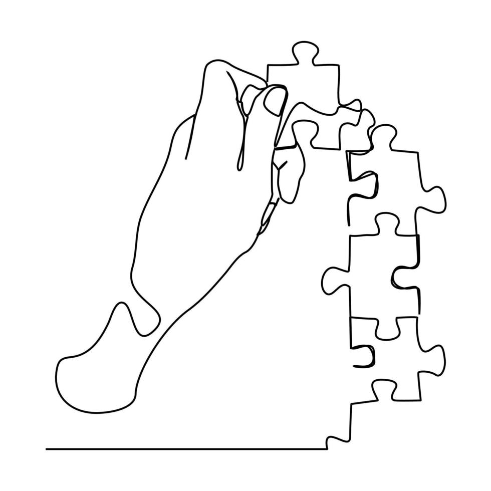 continuous line drawing of hands solving jigsaw puzzle vector