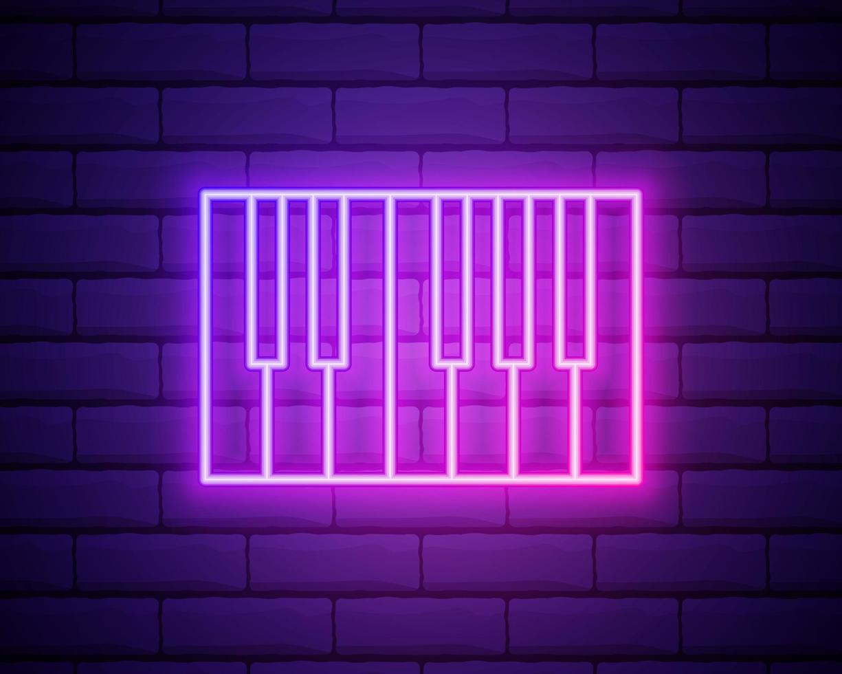Icono de sintetizador de música de línea de neón brillante aislado en la pared de ladrillo vector