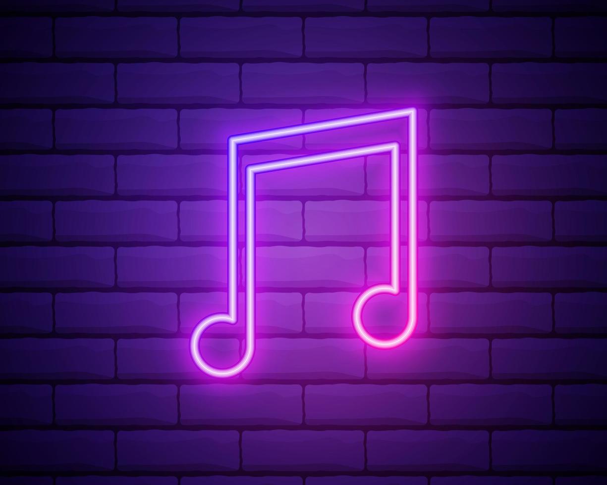 Neon music note on the brick wall, vector Eps 10 illustration