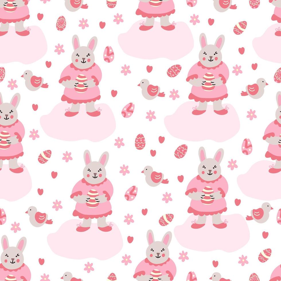 Seamless pattern with little girl rabbits and an Easter eggs vector