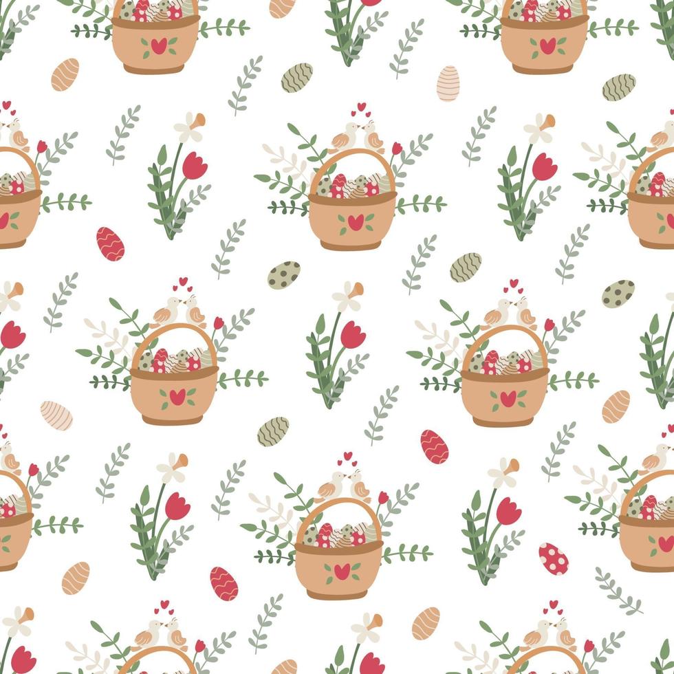 Easter seamless pattern with baskets, spring flowers and sweets vector