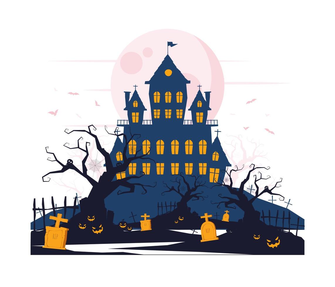 Castillo embrujado, flores y tumbas en la ilustración del concepto de Halloween vector