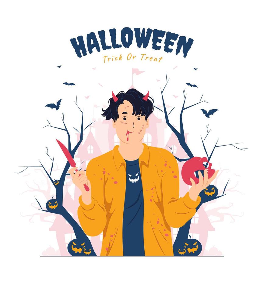 Man with blood splash holding knife on Halloween concept illustration vector