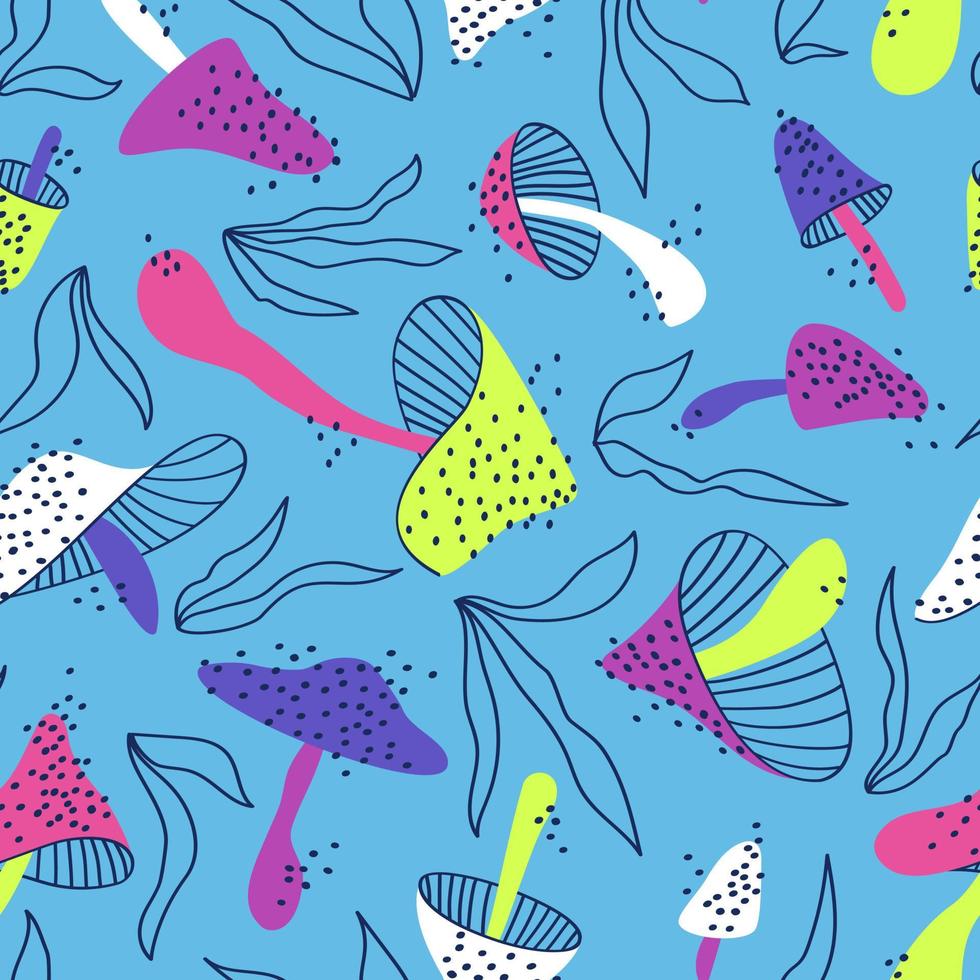 Seamless pattern of bright neon mushrooms and herbs scattered over the background vector