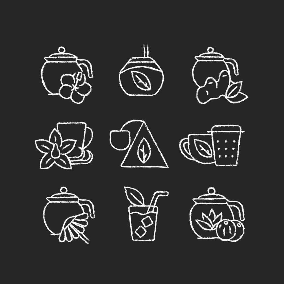 Té y bebidas similares a té tiza iconos blancos sobre fondo oscuro vector