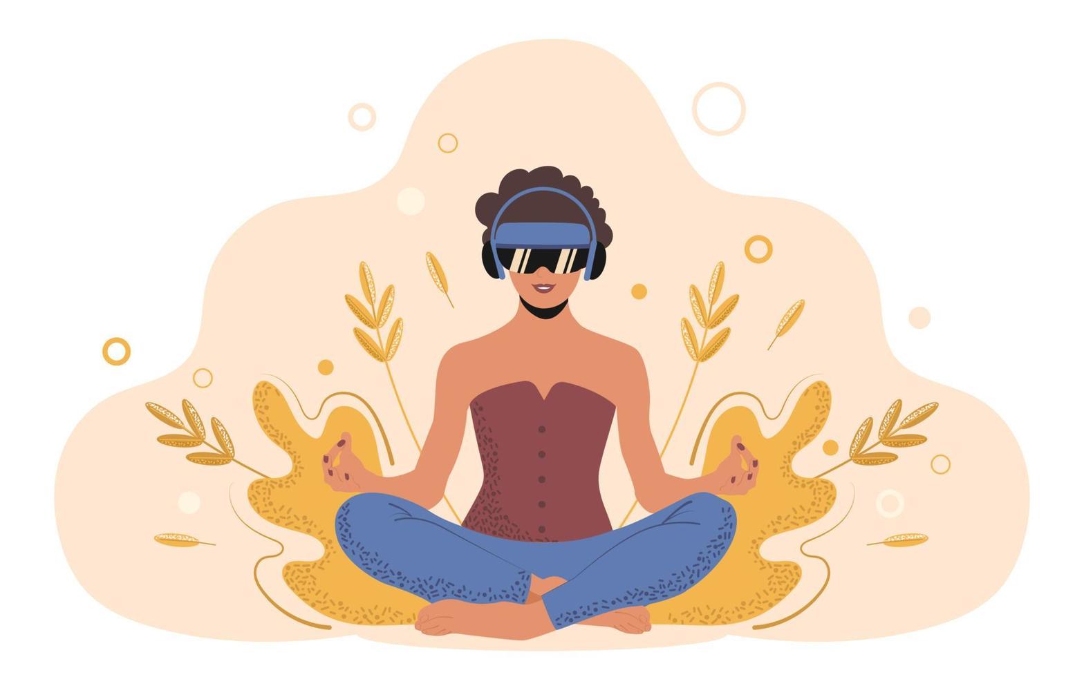 mujer joven en posición de loto practica yoga con gafas de realidad virtual. tecnologías para el futuro de la salud física y mental. ilustración vectorial plana de moda vector