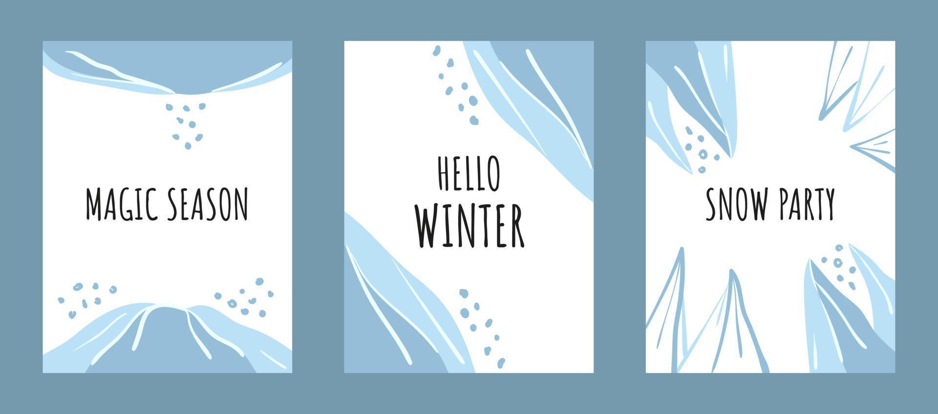 Set of winter greeting cards with abstract shapes and lines. Flat vector cold season background