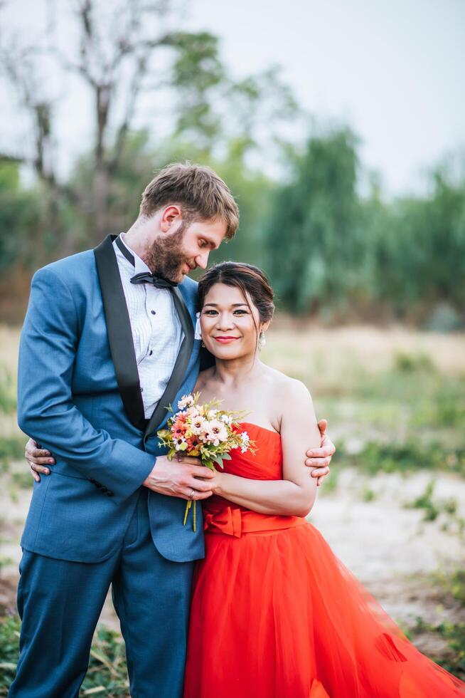 Bride and groom have romance time and happy together photo