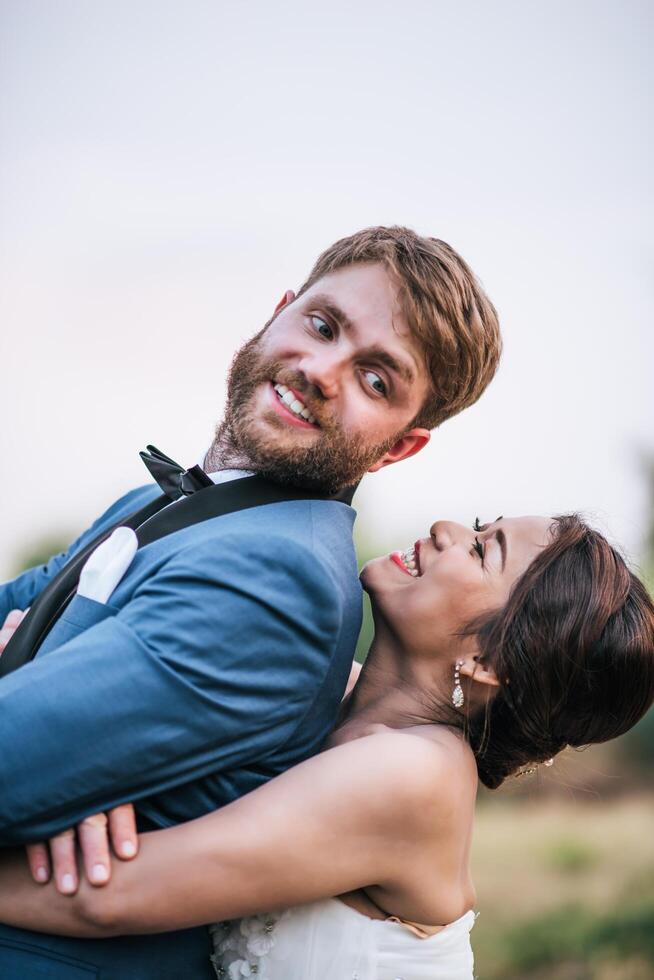 Bride and groom have romance time and happy together photo