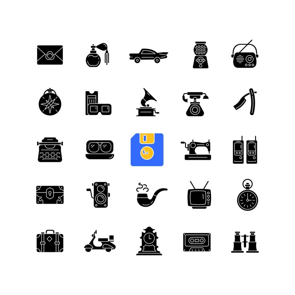 Vintage style black glyph icons set on white space vector